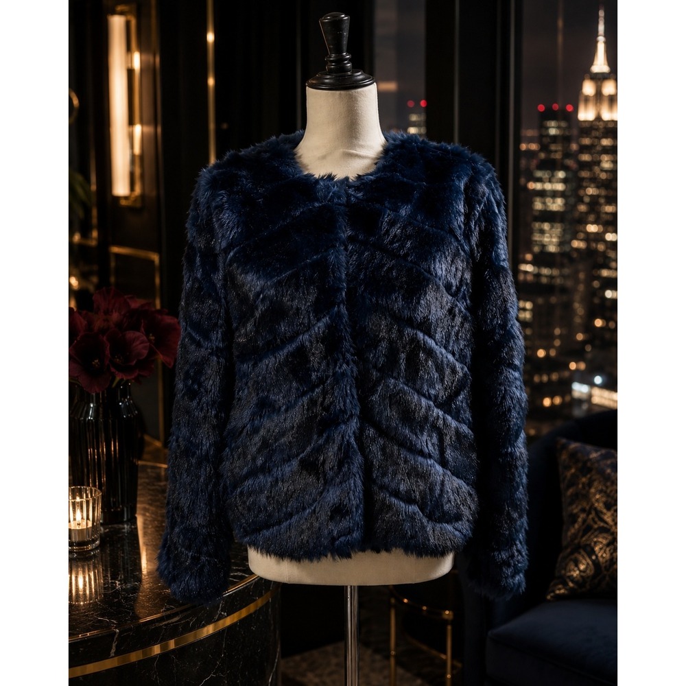 Belle Vere Navy‎ Faux Fur Jacket Plush Glam Party Holiday Coat Small